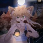  1:1 absurd_res anthro canid canine female flashlight fog forest forest_background green_eyes hair hi_res knife long_hair mammal moon mountain nature nature_background nfow night plant radio river sera_(nfow) solo tongue tongue_out tree unagiroll were werecanid werecanine werefox 
