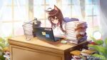  1girl ahoge animal_ears apple_caramel book book_stack breasts brown_eyes brown_hair butterfly_hair_ornament chair character_name cleavage collared_shirt commentary_request computer curtains day desk desk_lamp dress_shirt fumi_(nijisanji) hair_ornament highres horse_ears indoors lamp laptop long_hair medium_breasts nijisanji on_chair shirt solo sunlight transparent white_shirt window 