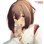  1girl bangs blush brown_eyes brown_hair dated finger_in_another&#039;s_mouth hair_between_eyes ise_(kancolle) ise_kai_ni_(kancolle) japanese_clothes kantai_collection licking licking_finger m.a.o one-hour_drawing_challenge open_mouth ponytail saliva short_hair simple_background solo_focus tongue tongue_out twitter_username upper_body white_background 