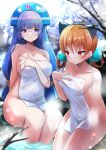  2girls absurdres alisa_southerncross animal_ears blue_hair blue_hairband blurry blurry_foreground blush branch breasts cleavage closed_mouth commentary_request covered_navel covering crossover day depth_of_field fake_animal_ears gluko hair_rings hairband highres keroro_gunsou large_breasts medium_breasts multiple_girls nude_cover onsen orange_hair outdoors purple_eyes red_eyes rokumon_tengai_mon_colle_knight shibakame sitting smile towel v-shaped_eyebrows water 