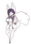  2023 anthro big_breasts big_ears breasts canid canine clothing eyebrow_through_hair eyebrows eyelashes female fennec fluffy fluffy_tail fox hair hands_on_hips hi_res inner_ear_fluff looking_at_viewer mammal necktie purple_eyes scorpdk short_hair smile solo tail translucent translucent_hair tuft 