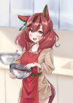  1girl absurdres animal_ears apron blurry blurry_background blush breasts brown_hair casual chocolate chocolate_on_face commentary_request food food_on_face highres horse_ears horse_girl horse_tail kitchen kohaku_teru looking_at_viewer medium_breasts nice_nature_(umamusume) red_hair solo tail umamusume valentine 