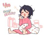  1girl bangs barefoot bleach box closed_eyes dated full_body gift gift_bag gift_box happy_birthday holding holding_pillow kuchiki_rukia lao_wen messy_hair nightgown open_mouth pillow pink_nightgown short_hair sitting solo white_background yawning 