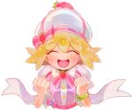  1girl amitie_(puyopuyo) blonde_hair blush bone_(stare) bow bracelet closed_eyes dress food fruit green_bracelet happy hat jewelry open_mouth pink_bow puyopuyo puyopuyo_fever short_hair solo strawberry white_headwear 