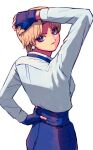  1girl androgynous bamboobamboo68 black_bow black_bowtie black_pants blonde_hair blue_eyes bow bowtie dress_shirt earrings fingerless_gloves formal from_behind gloves hand_on_own_head highres jewelry king_(snk) looking_at_viewer pants shirt short_hair smile solo the_king_of_fighters white_background white_shirt 