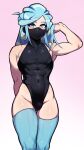  1boy abs adjusting_hair androgynous aqua_eyes artist_request bare_shoulders black_leotard blue_hair blue_thighhighs covered_navel grusha_(pokemon) highres leotard light_blue_hair long_hair looking_at_viewer otoko_no_ko pectorals pink_background pokemon pokemon_(game) pokemon_sv thighhighs 