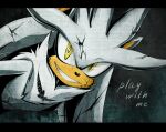  1boy animal_ears animal_nose artist_name black_border body_fur border crazy english_commentary english_text fang furry furry_male grey_background grey_fur hedgehog hedgehog_ears looking_at_viewer male_focus shadreym silver_the_hedgehog simple_background smile solo sonic_(series) teeth yellow_eyes 