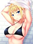  1girl aomine_flavia armpits arms_up bangs bikini black_bikini blonde_hair blue_eyes blush breasts collarbone from_side highres kurokami_(kurokaminohito) looking_at_viewer looking_to_the_side medium_hair original parted_lips skindentation solo swimsuit upper_body wet wet_clothes 