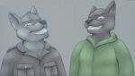  2017 animew anthro black_nose brown_clothing brown_jacket brown_topwear canid canine canis clothing duo eyebrows green_clothing green_hoodie green_topwear grey_body grin head_tuft hi_res hoodie jacket looking_at_viewer looking_down mammal notched_ear simple_background smile teeth topwear tuft wolf 