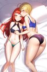  2girls ahoge ass bare_legs bed_sheet black_panties blonde_hair blue_bra blue_eyes blush bra commentary_request feet_out_of_frame fire_emblem fire_emblem_engage green_panties looking_at_viewer lying merrin_(fire_emblem) multiple_girls navel on_back orange_hair panette_(fire_emblem) panties partial_commentary pillow short_hair smile stomach sweat thighs tungsten_(kwfr4544) underwear underwear_only yellow_eyes yuri 