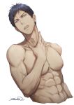  1boy abs aomine_daiki blue_eyes blue_hair kuroko_no_basuke male_focus muscular muscular_male navel nipples pectorals signature simple_background solo tongue tongue_out topless_male upper_body white_background zawar379 