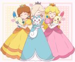  3girls blonde_hair blue_dress brown_hair chocomiru closed_eyes crown dress earrings highres holding holding_pokemon jewelry long_hair mario_(series) minun multiple_girls open_mouth pachirisu pink_dress plusle pokemon pokemon_(creature) princess_daisy princess_peach rosalina smile yellow_dress 