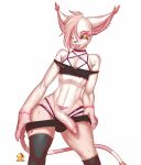  anthro bandai_namco bell-bell_(artist) bell-bell_(character) claws clothed clothing digimon digimon_(species) digital_media_(artwork) erection felid feline fur gatomon genitals hi_res looking_at_viewer male mammal penis piercing pink_body simple_background smile solo tattoo 