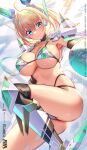  1girl ahoge armor bikini_armor blonde_hair blue_eyes breasts closed_mouth commentary_request hair_between_eyes headgear highres large_breasts looking_at_viewer mecha_musume original short_hair smile solo sophia_f_shirring takamine_nadare thighs 