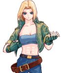  1girl abs bamboobamboo68 bangs bare_shoulders belt black_belt blonde_hair blue_eyes blue_mary blue_pants blue_shirt breasts brown_belt crop_top denim fatal_fury fingerless_gloves gloves green_jacket highres jacket large_breasts looking_at_viewer midriff muscular navel oversized_belt pants parted_bangs serious shirt short_hair simple_background sleeveless sleeveless_shirt solo the_king_of_fighters 
