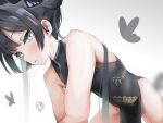  bare_shoulders black_hair blue_archive bug butterfly china_dress chinese_clothes dress gibum3001 green_eyes hair_ribbon highres kisaki_(blue_archive) ribbon short_hair simple_background stretching thighs white_background 