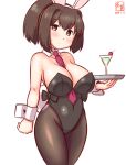  1girl alcohol alternate_costume animal_ears artist_logo between_breasts black_leotard black_pantyhose blush bow bowtie breasts brown_eyes brown_hair covered_navel cup dated detached_collar drink drinking_glass embarrassed fake_animal_ears fake_tail hair_ribbon ise_(kancolle) kanon_(kurogane_knights) kantai_collection large_breasts leotard necktie one-hour_drawing_challenge pantyhose playboy_bunny ponytail rabbit_ears rabbit_tail red_necktie ribbon short_hair simple_background solo strapless strapless_leotard sweatdrop tail traditional_bowtie tray white_background wrist_cuffs 