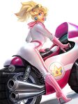  1girl blonde_hair blue_eyes boots crown earrings gloves high_heel_boots high_heels jewelry long_hair looking_at_viewer looking_back mario_(series) momo-deary official_alternate_costume on_motorcycle pink_footwear pink_gloves pink_lips princess_peach racing_suit simple_background white_background 