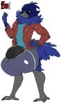  alpha_channel anthro avian avian_feet balls beak big_balls big_bulge big_penis bird black_sclera bottomwear bulge character_name claws clothing elisalevin fan_character feathers genitals hi_res huge_balls huge_bulge huge_penis hyper hyper_bulge hyper_genitalia hyper_penis jacket male neck_tuft penis shaded shirt shorts simple_background simple_shading solo t-shirt tail_feathers text toe_claws topwear transparent_background tuft 