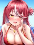  1girl absurdres bangs bare_shoulders bikini blush breasts cleavage collarbone colored_inner_hair fangs hachi7515 hair_bun halterneck heart heart_necklace heterochromia highres hololive houshou_marine jewelry large_breasts long_hair multicolored_hair necklace open_mouth outdoors red_bikini red_eyes red_hair smile solo streaked_hair string_bikini swimsuit teeth upper_body upper_teeth_only virtual_youtuber wet yellow_eyes 