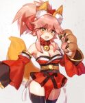  animal_ear_fluff animal_ears animal_hands bare_shoulders bell black_thighhighs blush breasts cat_ears cat_paws cat_tail cleavage detached_sleeves fangs fate/grand_order fate_(series) large_breasts neck_bell open_mouth pink_hair red_sleeves simple_background tail tamamo_(fate) tamamo_cat_(fate) thighhighs thighs white_background yellow_eyes yurizuka_(sergeant_heart) 