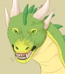  ambiguous_gender bodily_fluids dragon drooling feral glistening glistening_eyes green_body green_eyes head_spikes horn long_neck neck_spikes roobin saliva scales scalie sharp_teeth signature simple_background solo spikes spikes_(anatomy) teeth white_horn yellow_body yellow_scales 
