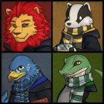  accipitrid accipitriform avian badger beverage bird black_body black_fur black_sclera blue_body blue_feathers book bubble_tea clothed clothing cute_fangs eagle eyewear fangs feathers felid fur glasses green_body green_scales group gryffindor harry_potter_(series) hi_res hogwarts hufflepuff lion male mammal mane mustelid musteline pantherine ravenclaw red_mane reptile scales scalie scarf simple_background slytherin snake tan_body tan_fur teeth white_body white_fur yellow_eyes 