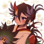  1girl bangs black_hair bleach bleach:_brave_souls blush demon_horns eyelashes feather_fan feather_hair_ornament feathers hair_between_eyes hair_ornament hand_fan holding holding_fan horns japanese_clothes kimono kuchiki_rukia lao_wen long_bangs looking_at_viewer official_alternate_costume purple_eyes single_horn solo upper_body 