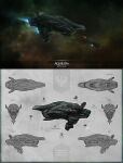  absurdres battle battleship_(eve_online) cannon commentary concept_art damaged dust_cloud english_text eve_online firing flying from_above from_behind from_below from_side gallente_federation_(eve_online) glowing highres missile_pod multiple_views no_humans original outdoors polarlex realistic science_fiction sky smoke space spacecraft star_(sky) starry_sky thrusters tracer_fire turret 