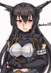  1girl black_gloves black_hair elbow_gloves fingerless_gloves gloves headgear highres kantai_collection long_hair looking_at_viewer maakun_(makun_dx) midriff nagato_(kancolle) nagato_kai_ni_(kancolle) navel one-hour_drawing_challenge red_eyes simple_background solo twitter_username upper_body white_background 