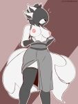  3:4 absurd_res anthro ashi_(the_man) black_nose breasts canid canine chopsticks_in_hair clothing female fox fur hair hair_over_eyes hi_res legwear mammal multi_ear multi_tail nipples portrait presenting presenting_breasts tail the_man thigh_highs three-quarter_portrait white_body white_fur 