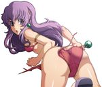  ass athena_(series) bikini highres long_hair looking_back princess_athena purple_eyes purple_hair red_bikini side-tie_bikini snk swimsuit sword tabigarasu wardrobe_malfunction weapon 