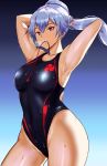  1girl adjusting_hair araimooah armpits arms_up black_swimsuit blush breasts commentary_request competition_swimsuit eyebrows_visible_through_hair fate/grand_order fate_(series) gradient gradient_background hair_between_eyes highleg highleg_swimsuit large_breasts long_hair looking_at_viewer mitsudomoe_(shape) mouth_hold one-piece_swimsuit ponytail red_eyes revision silver_hair solo standing swimsuit tomoe_(symbol) tomoe_gozen_(fate/grand_order) tying_hair wet 