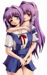  blue_eyes clannad fujibayashi_kyou fujibayashi_ryou groping hikarizaka_private_high_school_uniform incest long_hair messiah_cage multiple_girls one_eye_closed purple_eyes purple_hair pussy_juice school_uniform short_hair siblings sisters thighhighs twincest twins yuri 