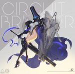  1girl bodysuit breasts cloak from_below highres large_breasts looking_at_viewer love_cacao mecha_musume mechanical_arm mechanical_legs original prosthesis shield solo sword thighs weapon 