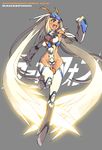  :d bad_id bad_pixiv_id blonde_hair dark_skin grey_background groin leotard mazingkaizer mecha_musume open_mouth personification rahxephon rahxephon_(mecha) revealing_clothes simple_background smile solo twintails 