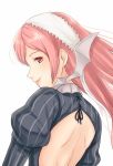  1girl akina_(akn_646) backless_outfit closed_mouth fire_emblem fire_emblem:_kakusei from_behind hairband long_hair looking_back nintendo red_eyes red_hair serge_(fire_emblem) simple_background smile solo upper_body white_background 