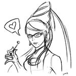  amulet bayonetta bayonetta_(character) candy food glasses greyscale heart jewelry kihu_(kima) lollipop long_hair lowres mole monochrome sketch solo 