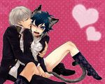  1girl animal_ears bad_id bad_pixiv_id blue_eyes blue_hair blush bottomless breast_grab breasts cat_ears cat_tail closed_eyes couple embarrassed grabbing heart hetero legs medium_breasts mhr narukami_yuu persona persona_4 school_uniform shirogane_naoto short_hair silver_hair socks spread_legs tail tears wince 