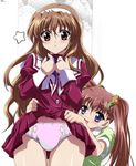  2girls :d blue_eyes blush brown_eyes brown_hair diaper dress dress_lift embarrassed fang female flower girl hair_flower hairband long_hair looking_down multiple_girls nogizaka_haruka nogizaka_haruka_no_himitsu nogizaka_mika open_mouth photoshop pink_hair sailor_dress school_uniform serafuku smile standing star sunflower sweatdrop thigh_gap thighs turtleneck twintails very_long_hair wavy_hair 