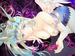  blue_eyes breast_press breasts cleavage fujisaka_kuuki large_breasts lying on_side pixiv_fantasia pixiv_fantasia_4 silver_hair solo wings 