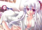  all_fours alternate_hairstyle bottomless breasts cleavage clock hair_bobbles hair_ornament kamishirasawa_keine large_breasts lavender_hair long_hair oohira_sunset open_clothes open_shirt ponytail red_eyes shirt smile solo touhou white_shirt 