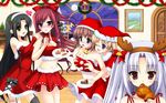  5girls bell bell_choker blush bow breast_grab breasts cake choker christmas fireplace food full_moon garter_straps glasses grabbing hair_bow hair_ornament hairband hat hatori_piyoko heart hirohana_yukiko kusakabe_misuzu large_breasts long_hair medium_breasts midriff minase_yuka momono_shiori moon multiple_girls navel night night_sky pastry plate santa_costume santa_hat skirt sky slice_of_cake tachibana_kukuri thighhighs very_long_hair window 