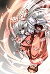  bad_id bad_pixiv_id bow fire fujiwara_no_mokou hair_bow hair_ribbon highres long_hair red_eyes ribbon silver_hair solo suspenders tabuchi_(tabuchisanchi) touhou 