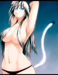  armpits arms_up black_panties blue_eyes breasts cat_tail cleavage hair_censor hair_over_breasts highres kiryuu_sayane large_breasts letterboxed long_hair navel onibi_(foxhound4185) open_mouth original panties solo tail underwear 