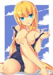  :p bad_id bad_pixiv_id barefoot blonde_hair blue_eyes breasts is_ii long_hair medium_breasts nipples off_shoulder one-piece_swimsuit original pulled_by_self school_swimsuit solo swimsuit swimsuit_pull tongue tongue_out 