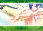  absurdres barefoot beach bikini feet hair_over_one_eye hands_on_feet highres kobayakawa_rinko long_legs love_plus mino_tarou partially_submerged sand short_hair sitting solo striped striped_bikini swimsuit water 