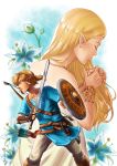  1boy 1girl absurdres armlet arrow blonde_hair blue_eyes blue_tunic bow_(weapon) bracer brown_footwear dress eyes_closed fingerless_gloves flower gloves hands_together highres holding holding_shield holding_sword holding_weapon jewelry link long_hair necklace nintendo pants pointy_ears ponytail princess_zelda quiver sheikah_slate shield standing sword the_legend_of_zelda the_legend_of_zelda:_breath_of_the_wild very_long_hair weapon white_dress yzderia 