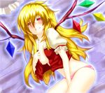  blonde_hair blush breasts cleavage fangs flandre_scarlet large_breasts lying masturbation older open_clothes open_shirt panties red_eyes saliva shirt solo soubi tears touhou underwear undressing wings 