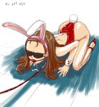  all_fours animal_ears ball_gag blindfold brown_hair bunny_ears bunnysuit dam-p fishnet_pantyhose fishnets gag gagged idolmaster idolmaster_(classic) leash leotard long_hair minase_iori pantyhose red_leotard saliva solo 